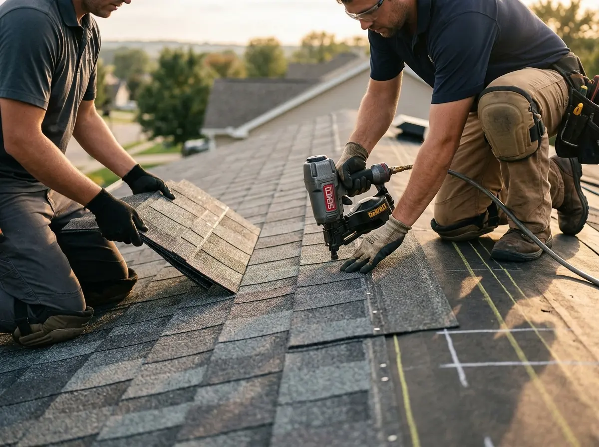 Professional roofer working on a residential roof in Aberdeen